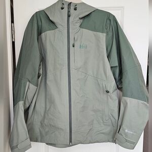REI Co-op GORE-TEX Waterproof Jacket Women’s XL Two-Tone Green Hooded Rain Shell